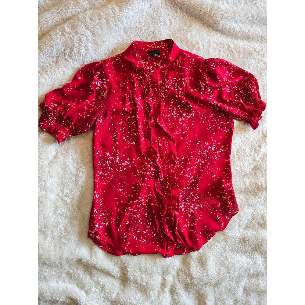 Worthington Red Floral Blouse Ruffle Front Puff Sleeve Size S Business Casual